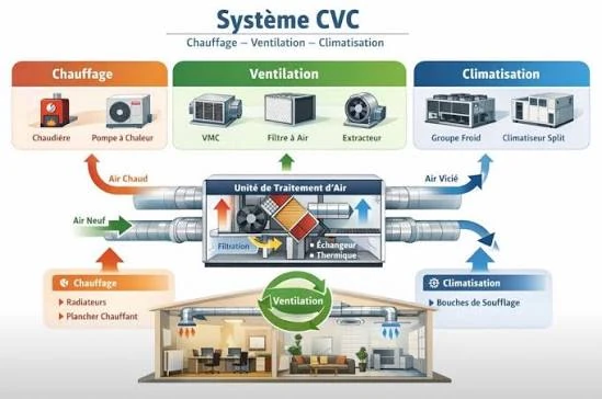 Schéma d'un système CVC : chauffage (chaudière, pompe à chaleur), ventilation (VMC, filtre à air, unité de traitement d'air) et climatisation (groupe froid, climatiseur split)